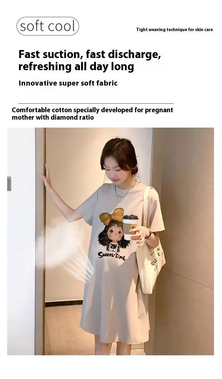 Maternity Summer Dress New Maternity Dress Fashionable Casual Sweet Age Reduction Loose Large Size Small T-Shirt Skirt Nova Trendz