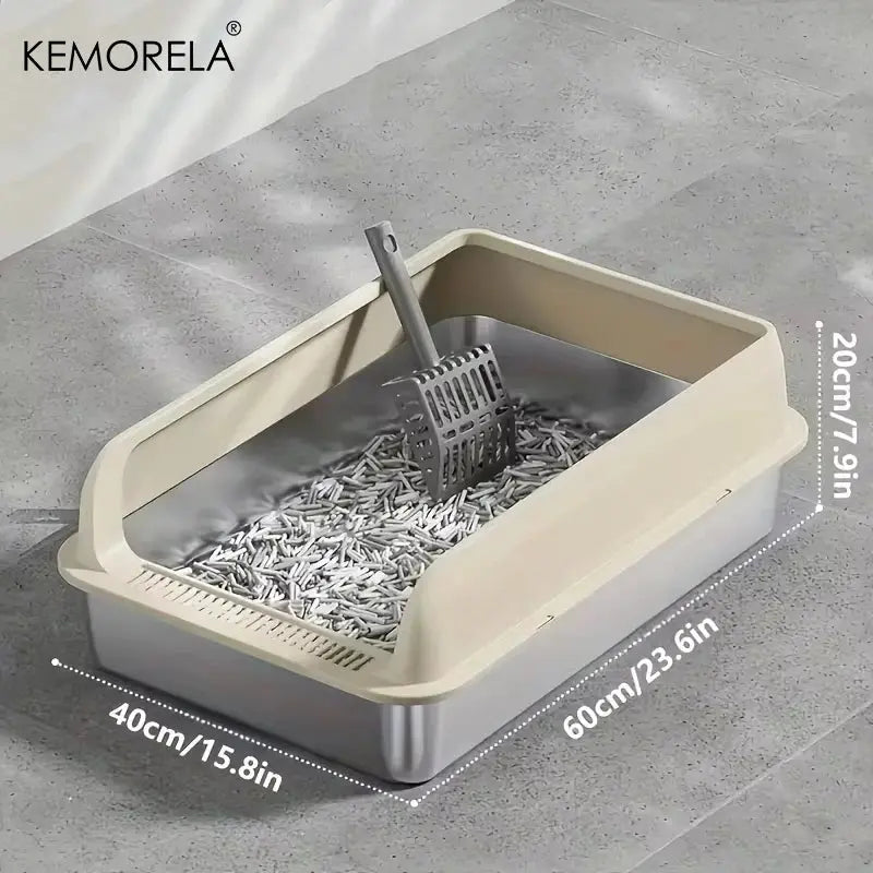 KEMORELA 1PC Stainless Steel Cat Bedpans Thickening Semi-enclosed High Side With Lid Litter Scoop Splashproof Open Litter Box Nova Trendz
