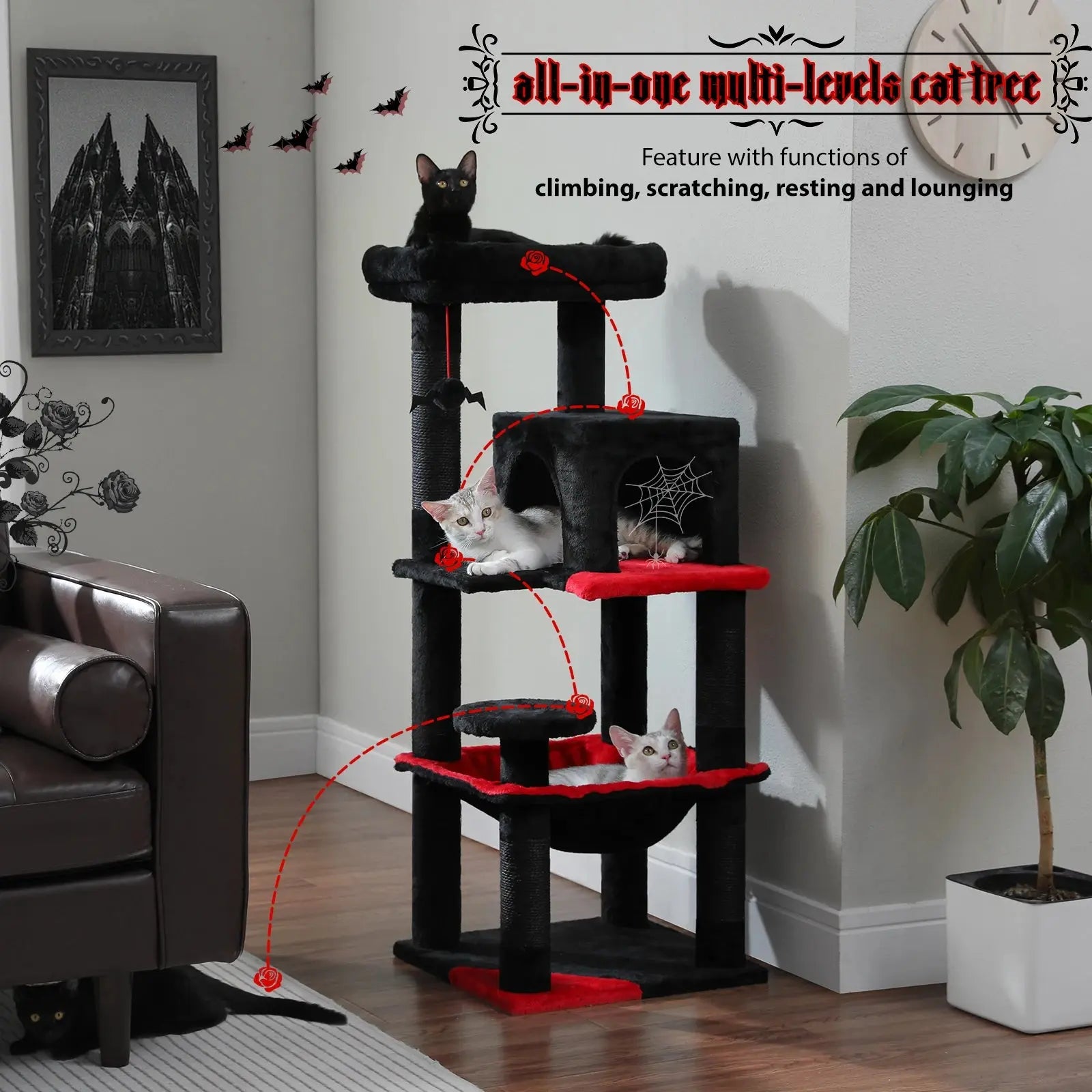 Gothic Cat Tree for Indoor Cats, Tall Cat Tower with Super Large Hammock, Sisal Covered Scratching Post Cozy Condo Top Perch - Nova Trendz