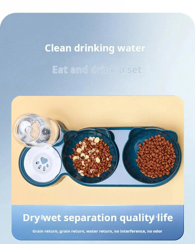 Pet Bowls With Water Feeder, 3 In 1 Ear Design Tilted Cat Water And Food Bowl Set With Gravity Water Bottle For Neck Protection - Nova Trendz