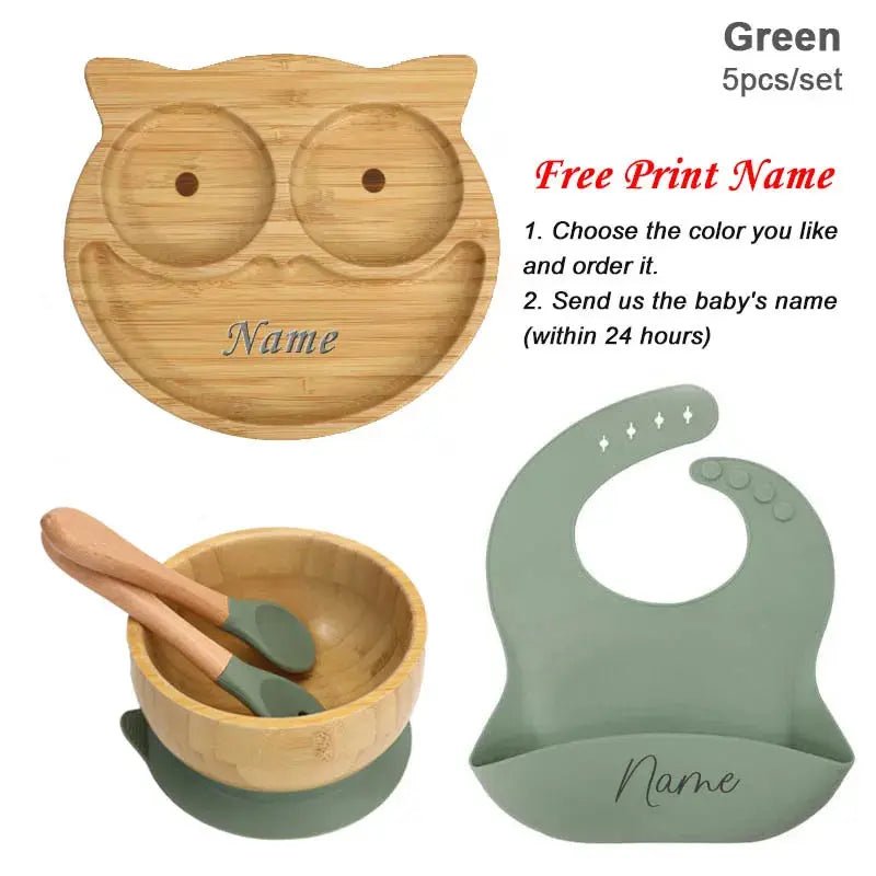 5Pcs Bamboo Bowl Plate For Kid Personalized Name Baby Feeding Set Bamboo Tableware Owl Plate Bowl With Spoon Silicone Baby Stuff Nova Trendz