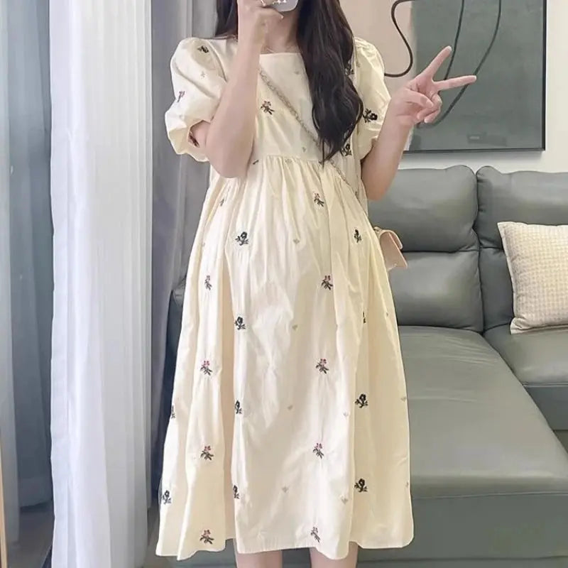 Pregnacy Dress Bowknot Dress Loose Women Bubble Sleeves Chiffon Small Flower Printing Maternity Clothing Pregnant Woman Clothes Nova Trendz
