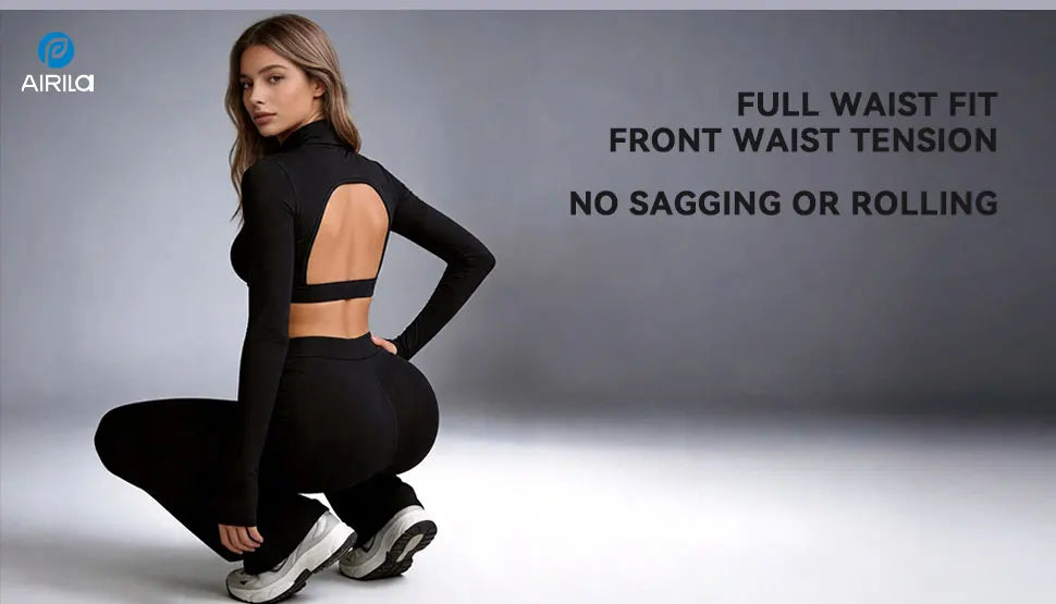 Women's Turtleneck Long Sleeve Yoga Set Back Cutout Flare Pants with Removable Pads Tummy Control Butt Lifting Gym Outfit Nova Trendz