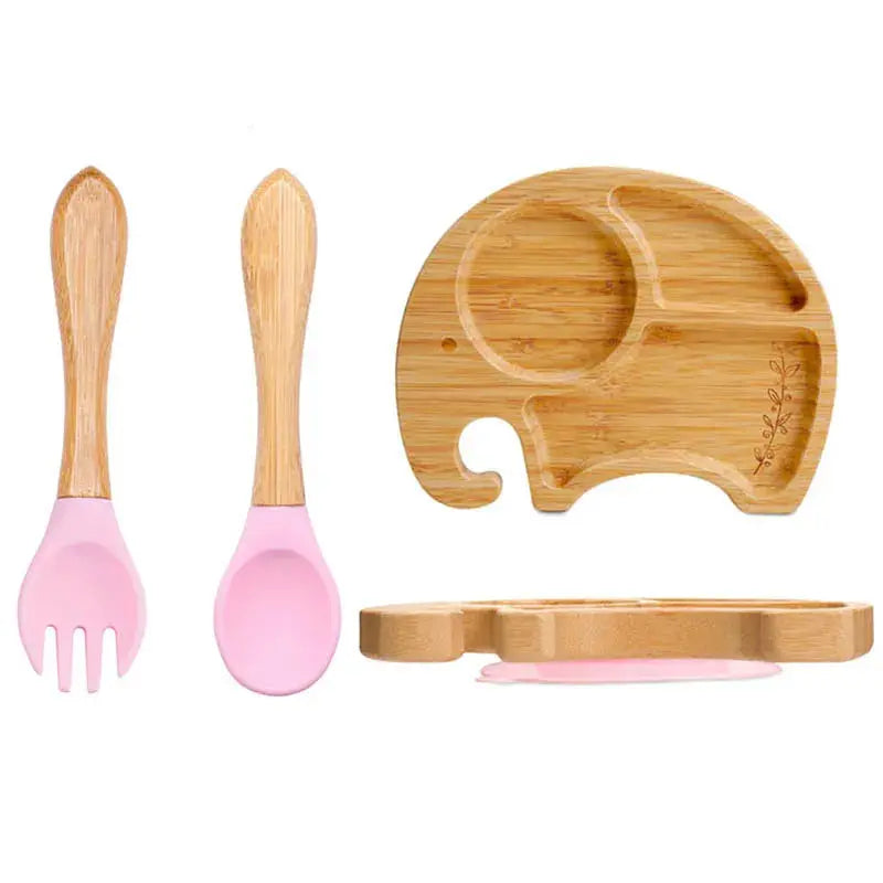 3Pcs Baby Bamboo Plate Silicone Suction Kids Wooden Feeding Tableware Non-slip Dinnerware Baby Tableware for Baby Birthday Gift Nova Trendz