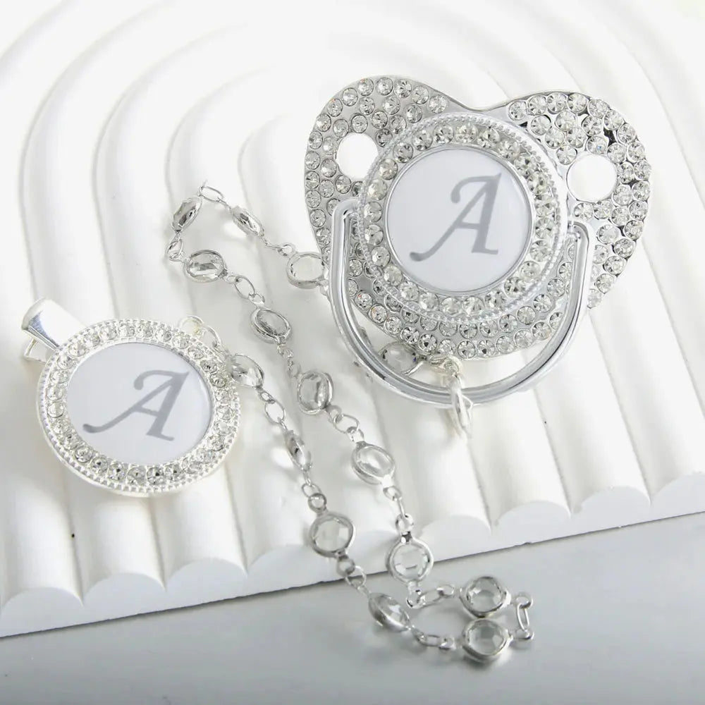 Initial Letter Siliver Baby Pacifier With Colorful Gem BPA Free Luxury Silver Dummy Soother Chupeta Weaning Pacifier Nova Trendz