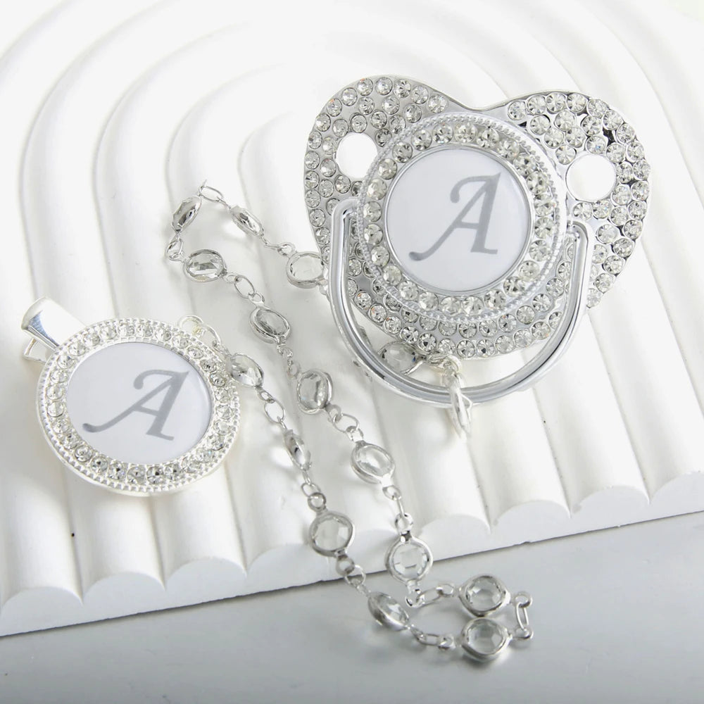 Initial Letter Siliver Baby Pacifier With Colorful Gem BPA Free Luxury Silver Dummy Soother Chupeta Weaning Pacifier