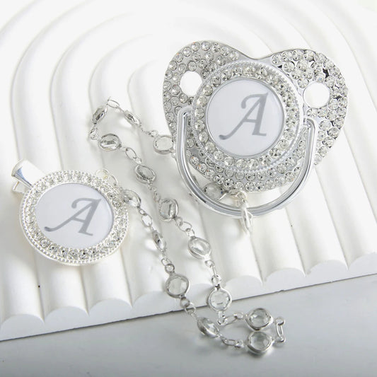 Initial Letter Siliver Baby Pacifier With Colorful Gem BPA Free Luxury Silver Dummy Soother Chupeta Weaning Pacifier