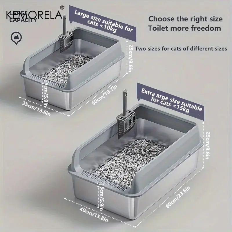KEMORELA 1PC Stainless Steel Cat Bedpans Thickening Semi-enclosed High Side With Lid Litter Scoop Splashproof Open Litter Box Nova Trendz