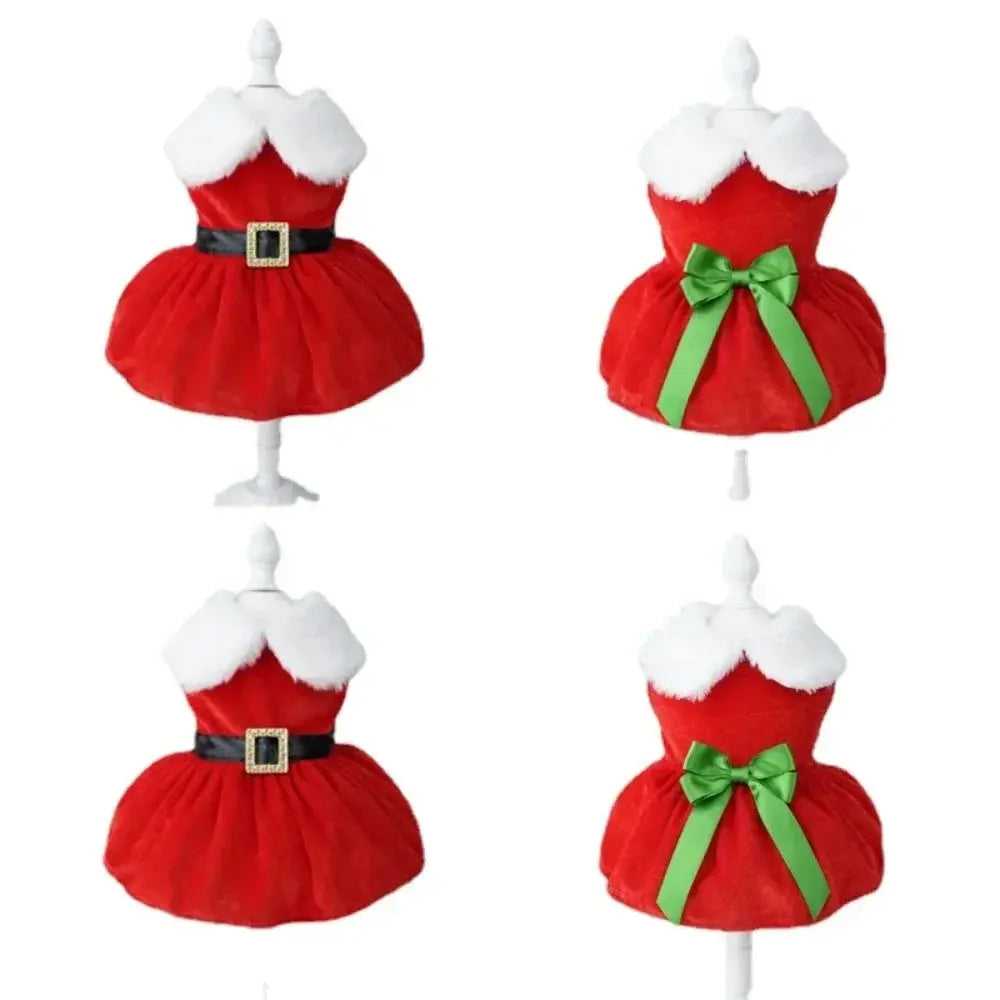 Pet Christmas Clothing Dog Cat Red Dress Warm Bow Frock Golden Velvet Fabric Santa Claus Clothes Dogs Cats Garment Pets Supplies - Nova Trendz