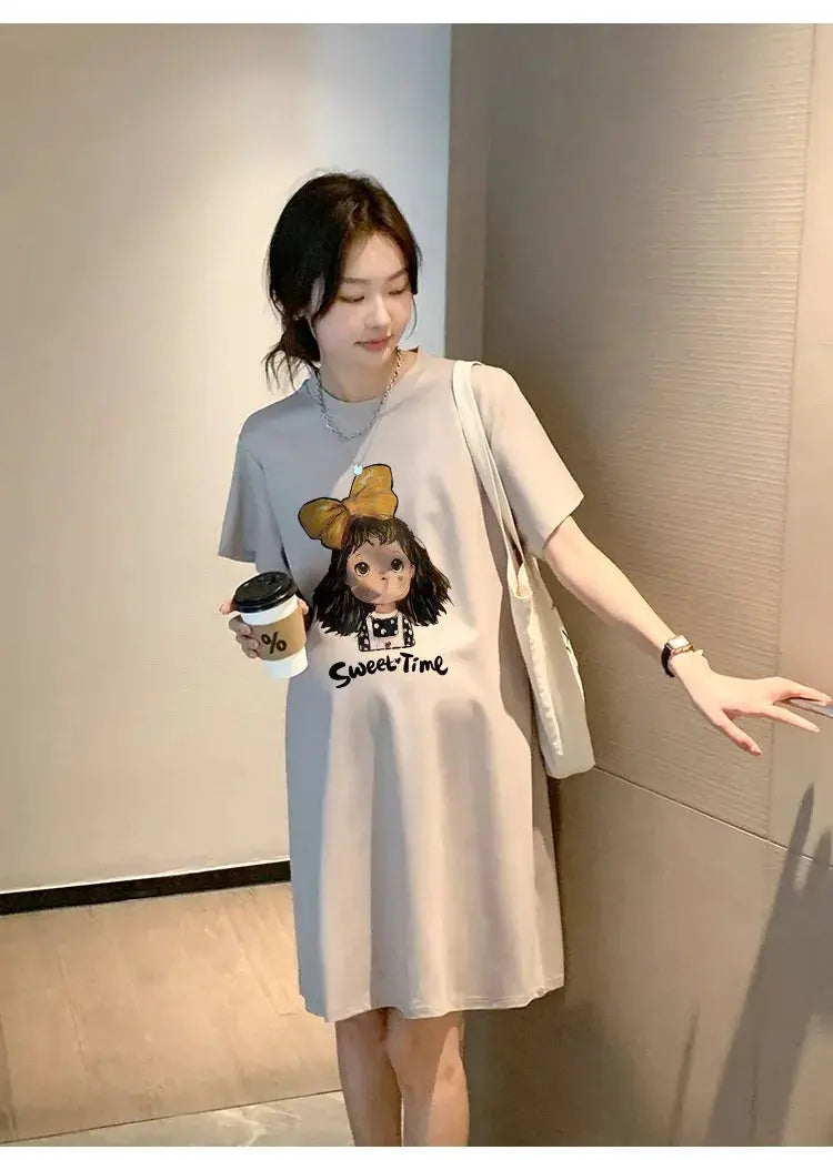 Maternity Summer Dress New Maternity Dress Fashionable Casual Sweet Age Reduction Loose Large Size Small T-Shirt Skirt Nova Trendz
