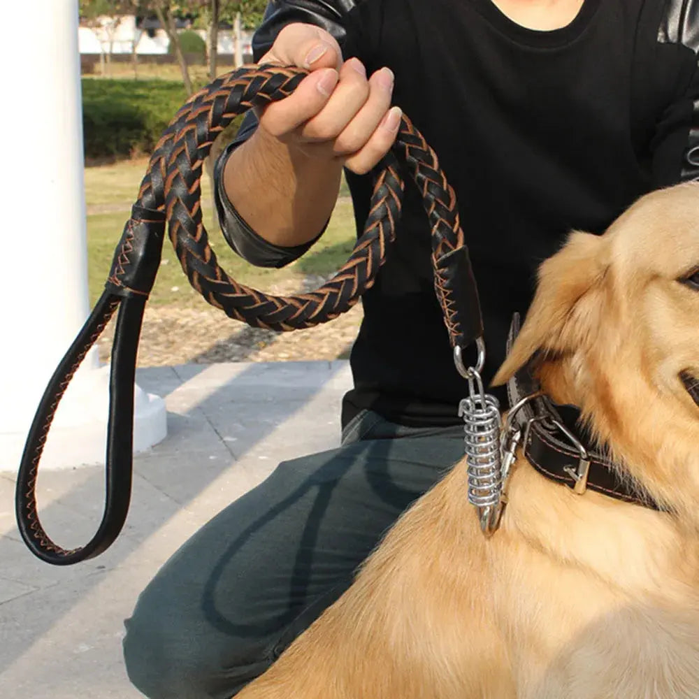 Leather Dog Leash for Large Dogs Strong Leather Braided Dog Leash with Buffer Spring Pet Traction Rope for German Shepherd Dog - Nova Trendz