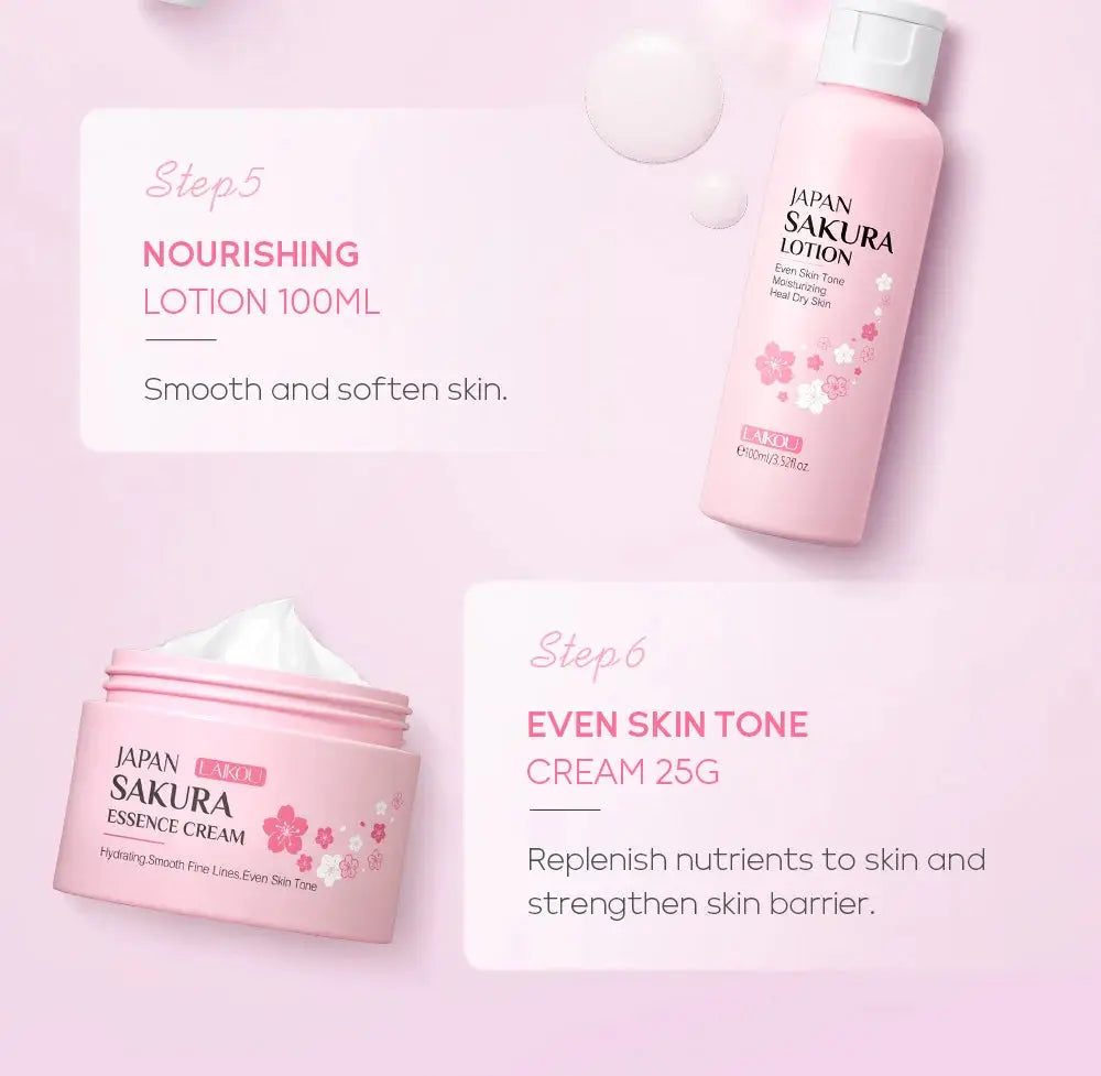 LAIKOU Sakura Skin Care Sets Facial Cleanser Eye Creams Face Cream Serum Lotion Toner Brightening Moisturizing Face Care Kit Nova Trendz