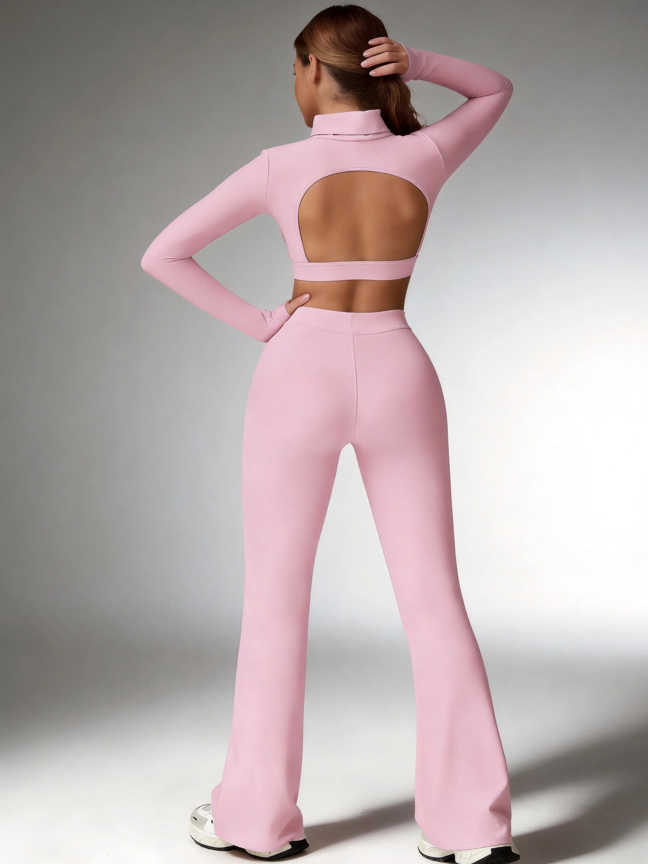 Women's Turtleneck Long Sleeve Yoga Set Back Cutout Flare Pants with Removable Pads Tummy Control Butt Lifting Gym Outfit Nova Trendz