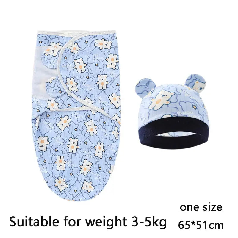 Baby Blanket Hat Set Cartoon Printed Cotton Newborn Swaddle Adjustable Infant Sleeping Swaddle Wraps All Seasons 0-6 Months - Nova Trendz