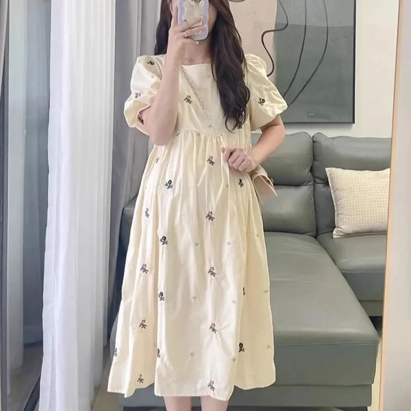 Pregnacy Dress Bowknot Dress Loose Women Bubble Sleeves Chiffon Small Flower Printing Maternity Clothing Pregnant Woman Clothes Nova Trendz