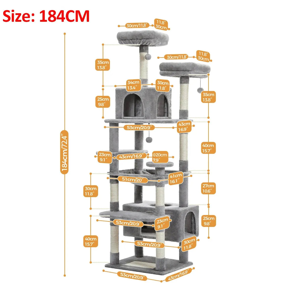 184cm Large Cat Tree and Tower for Indoor Cats With Sisal-Covered Scratching Posts Spacious Hammock Padded Perches and Condos Nova Trendz
