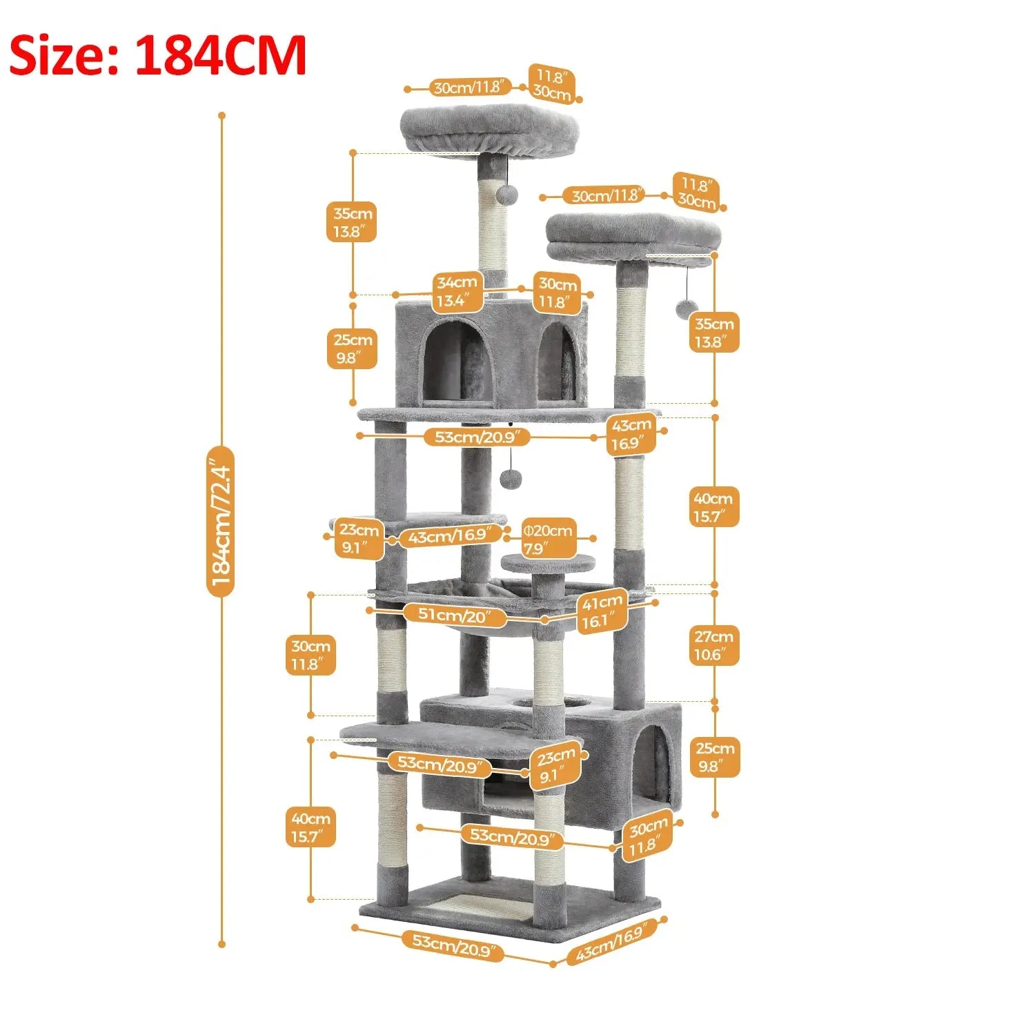 184cm Large Cat Tree and Tower for Indoor Cats With Sisal-Covered Scratching Posts Spacious Hammock Padded Perches and Condos Nova Trendz
