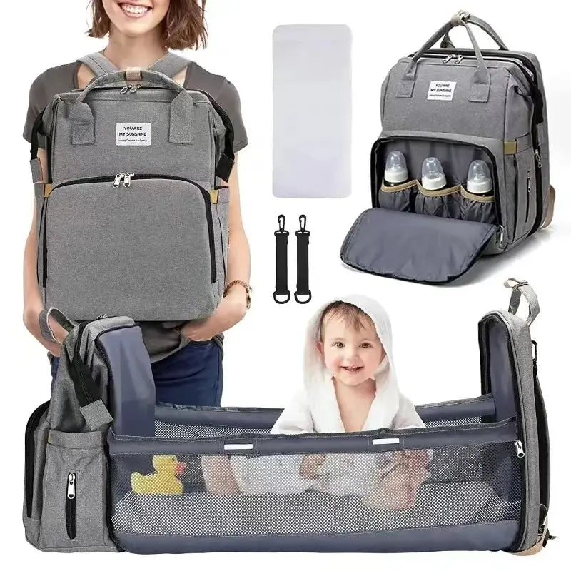 Foldable bed diaper bag with changing station insulated pocket and large capacity Multifunctional Double shoulder mommy bag Nova Trendz