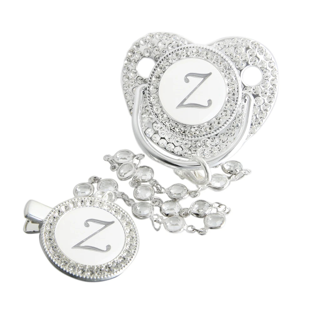 Initial Letter Siliver Baby Pacifier With Colorful Gem BPA Free Luxury Silver Dummy Soother Chupeta Weaning Pacifier
