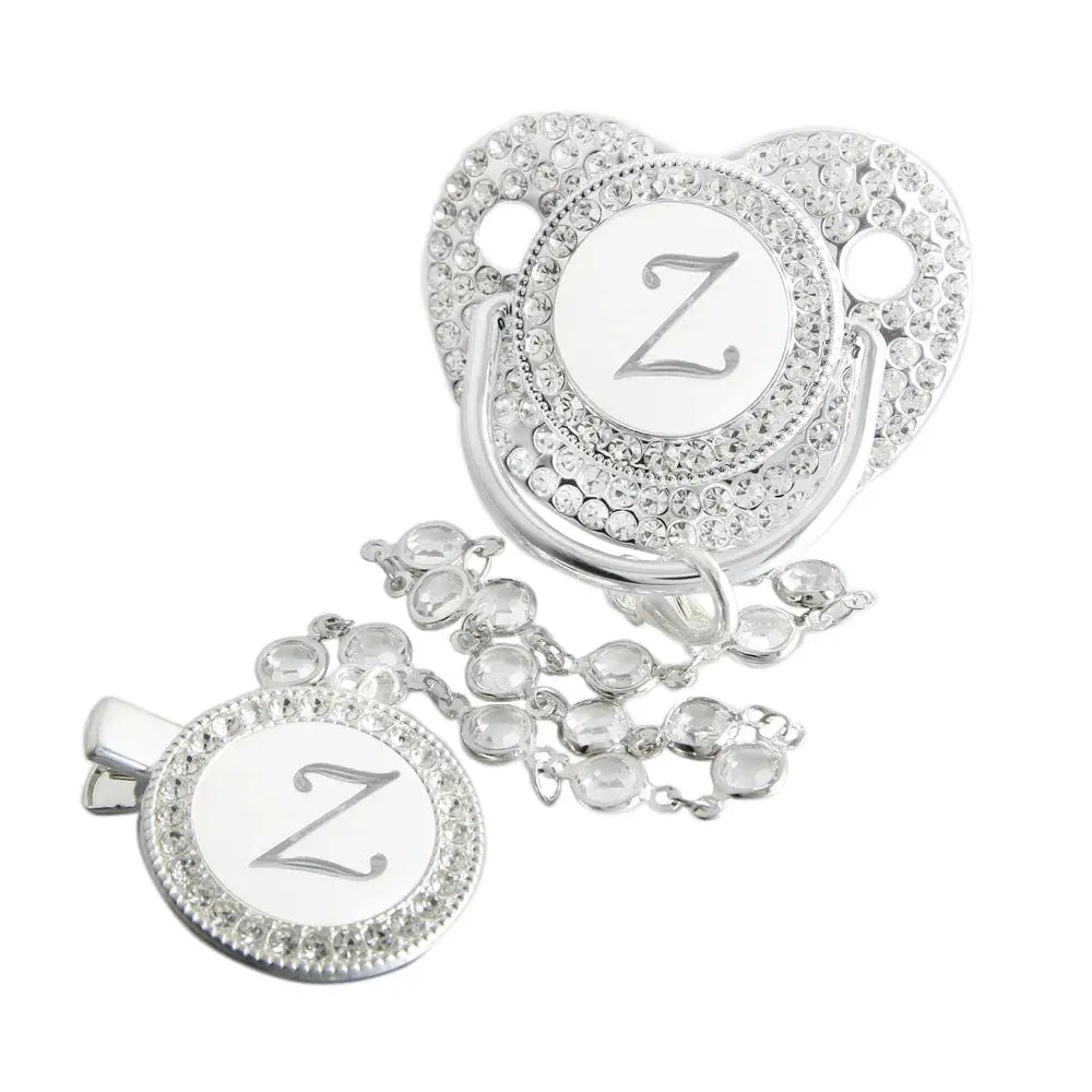 Initial Letter Siliver Baby Pacifier With Colorful Gem BPA Free Luxury Silver Dummy Soother Chupeta Weaning Pacifier Nova Trendz