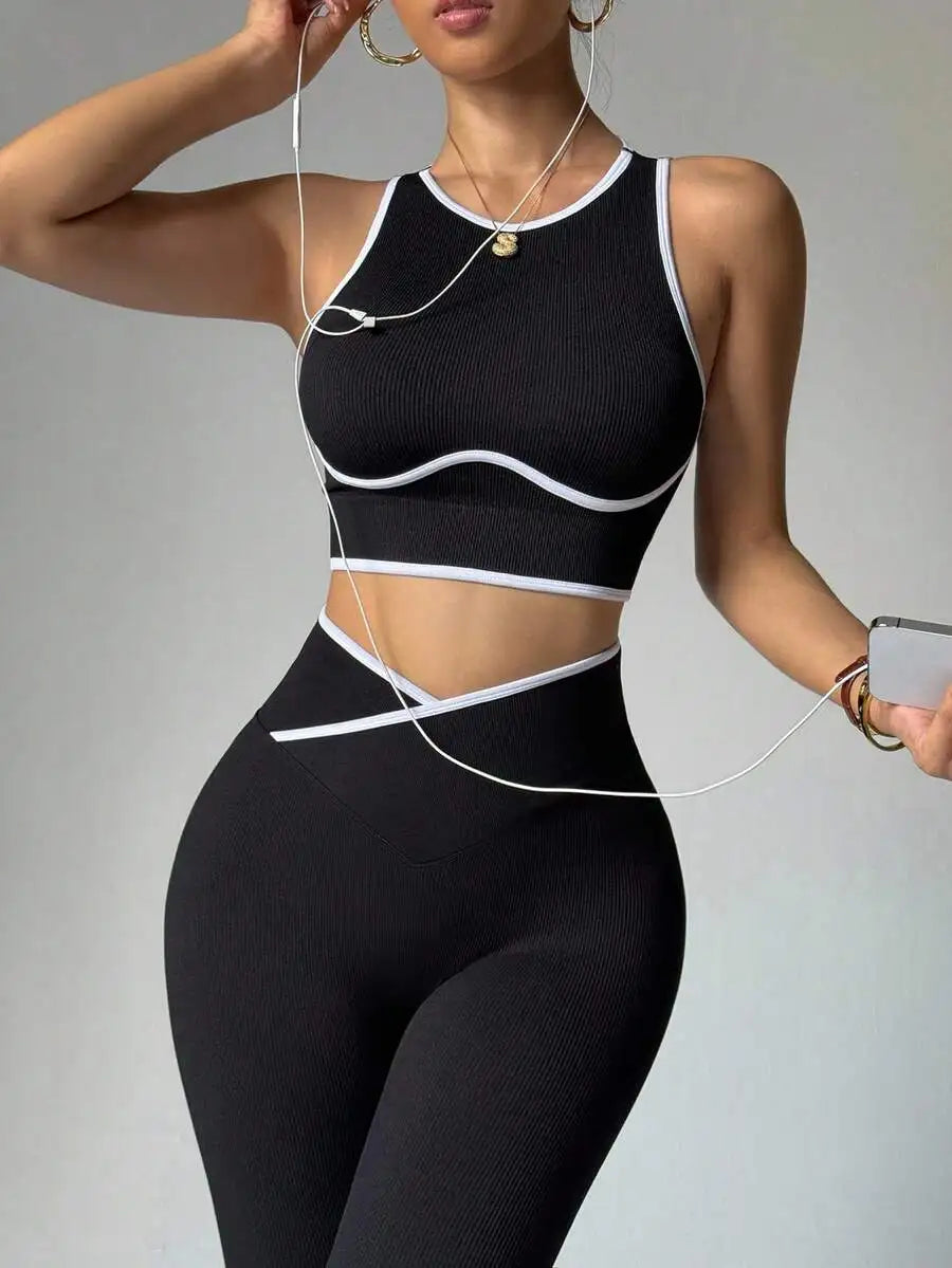 Contrast Trim Hollow Back Camisole And Leggings 2 Piece Sports Suit Breathable Slim Fitness Yoga Workout Tracksuit For Women Nova Trendz