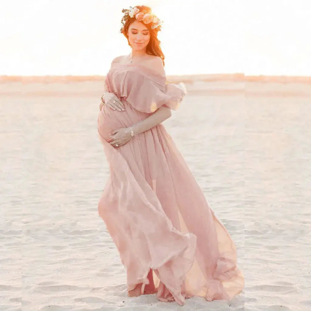 Maternity Dress Women Solid Color Short Sleeve Ruffles Props Dress Pregnants Photography Maternities Party Temperament Outfits Nova Trendz