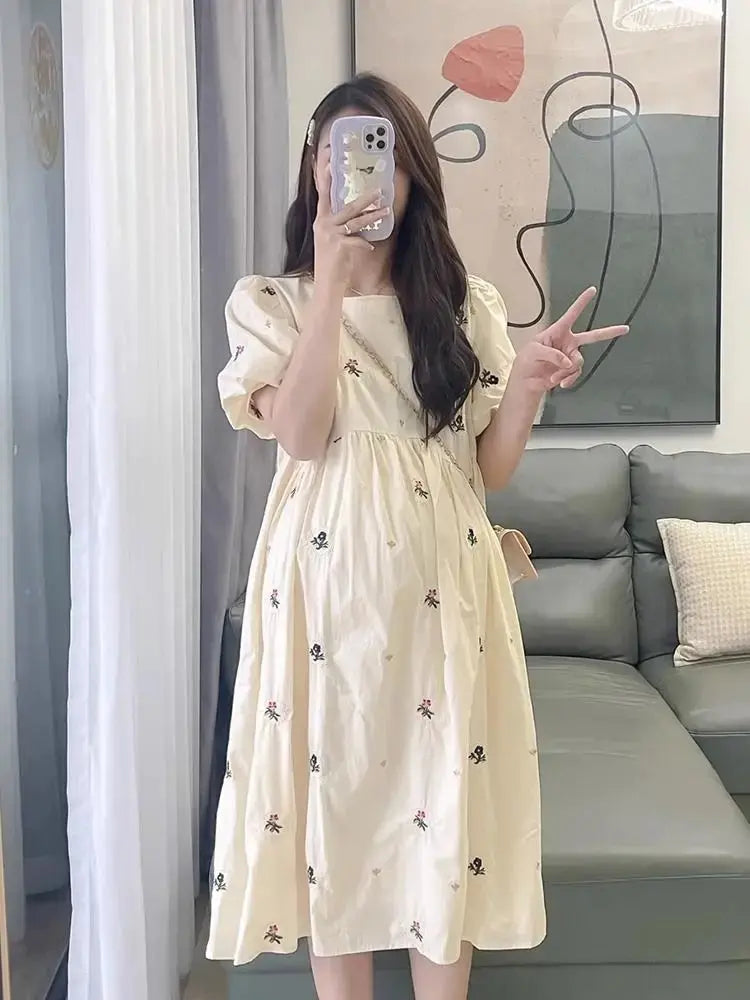 Pregnacy Dress Bowknot Dress Loose Women Bubble Sleeves Chiffon Small Flower Printing Maternity Clothing Pregnant Woman Clothes Nova Trendz