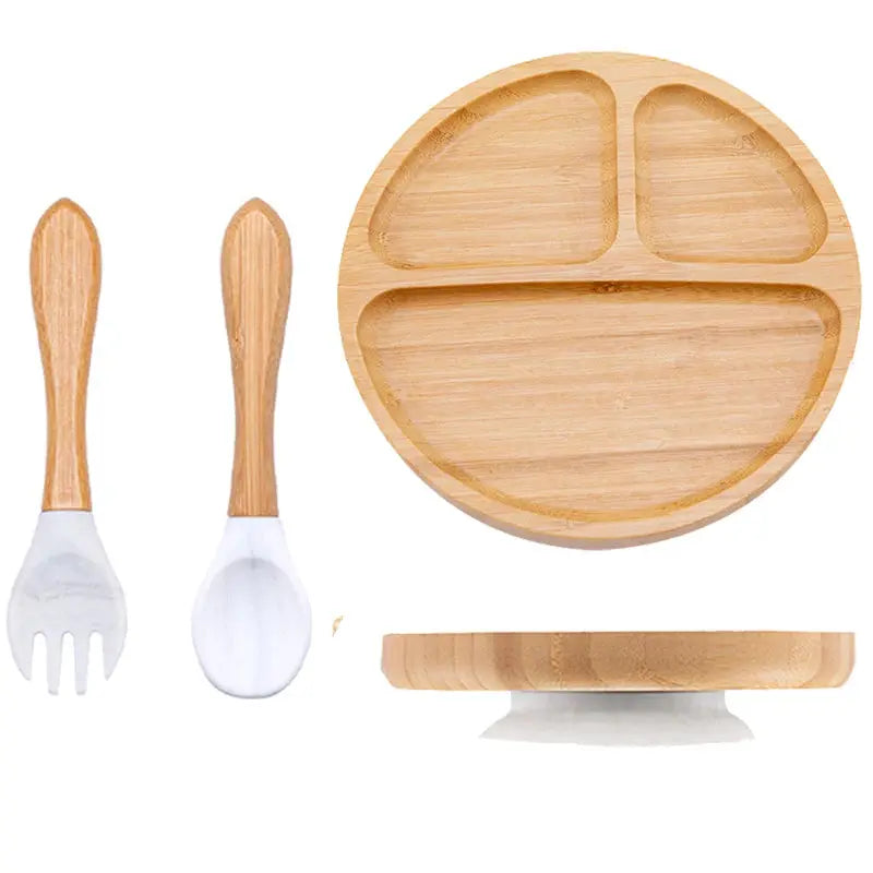 3Pcs Baby Bamboo Plate Silicone Suction Kids Wooden Feeding Tableware Non-slip Dinnerware Baby Tableware for Baby Birthday Gift Nova Trendz