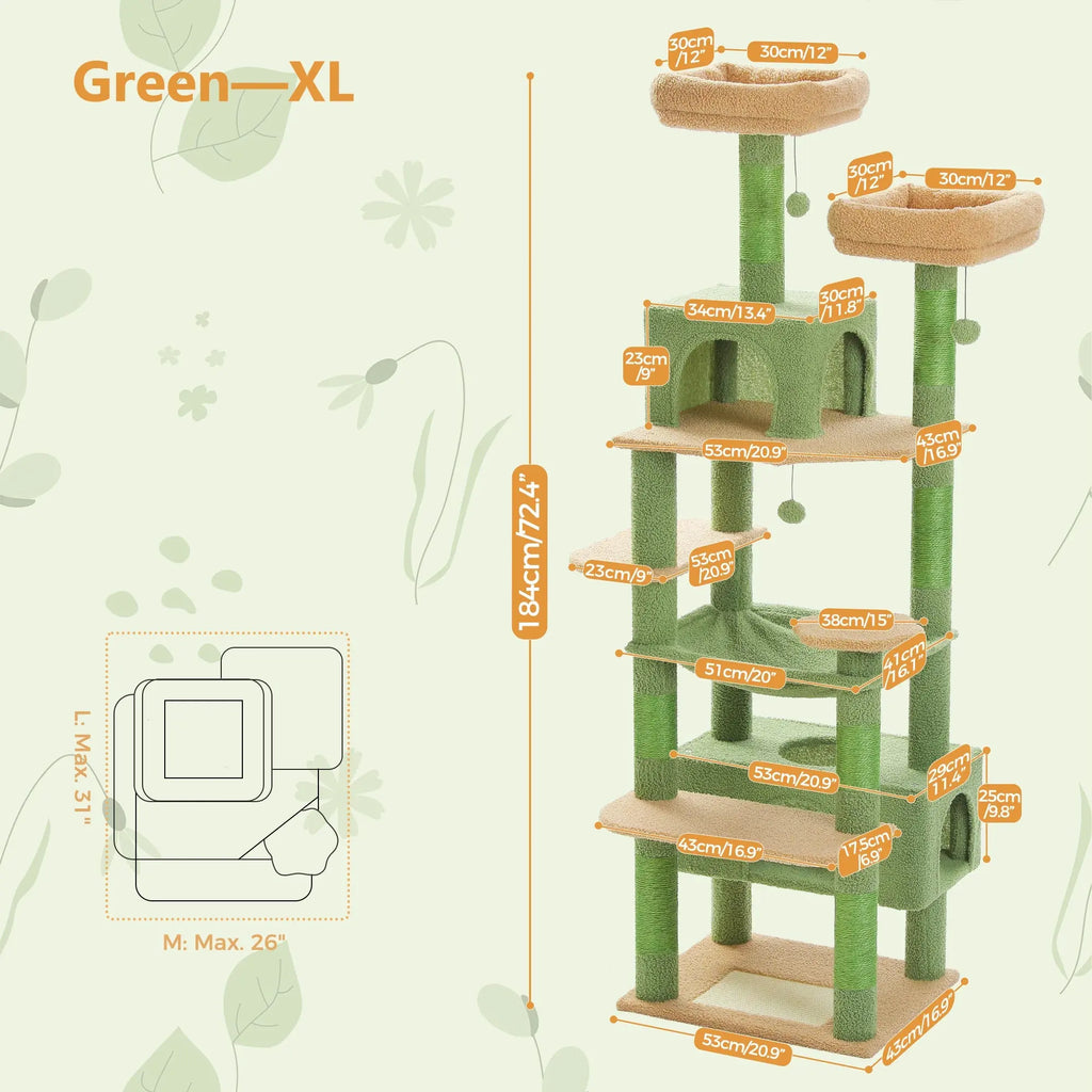 184cm Large Cat Tree Tower for Indoor Cats With Sisal-Covered Scratching Posts Spacious Hammock Padded Perches and Condos Green - Nova Trendz