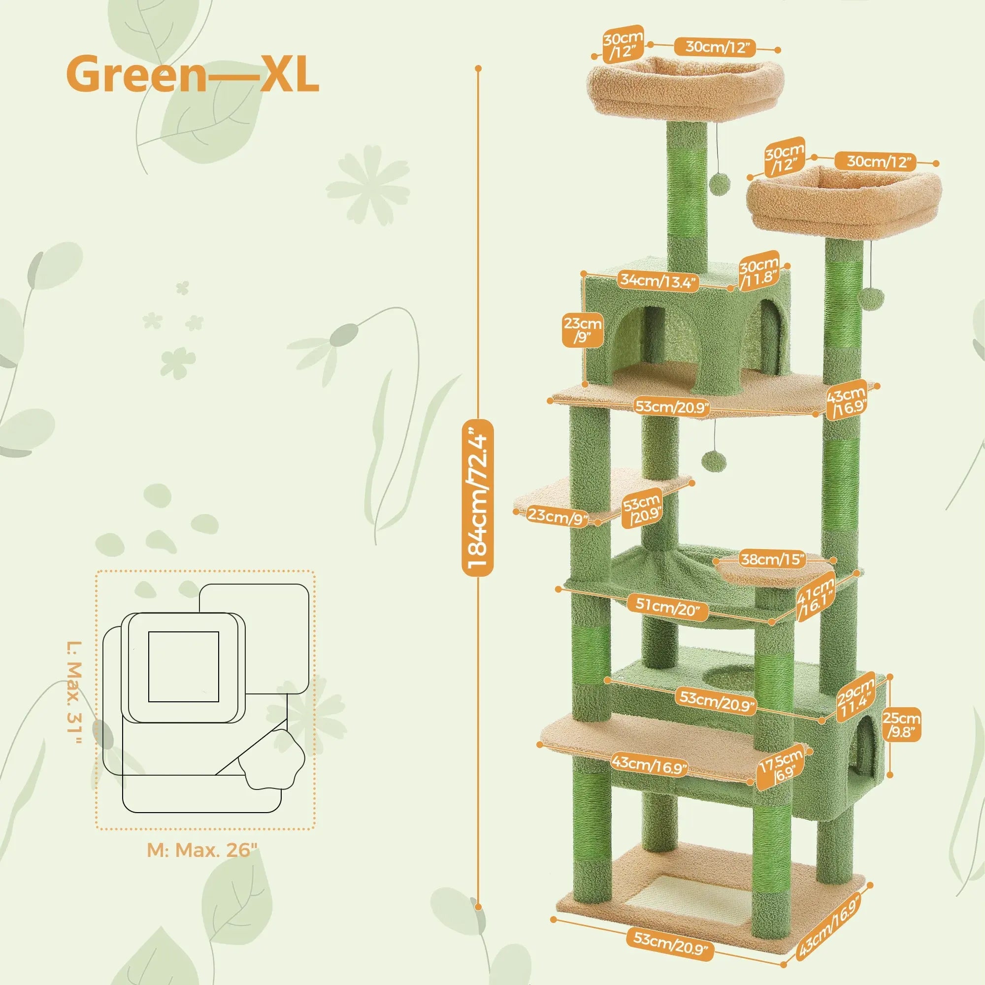 184cm Large Cat Tree Tower for Indoor Cats With Sisal-Covered Scratching Posts Spacious Hammock Padded Perches and Condos Green - Nova Trendz