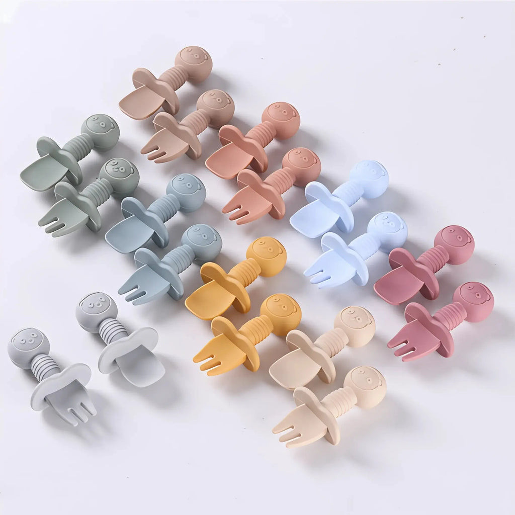 2pcs Food Grade Children Wooden Handle Silicone Spoon Fork Cutlery Baby Training Complementary Food Spoon BabyFeeding Spoon Fork Nova Trendz