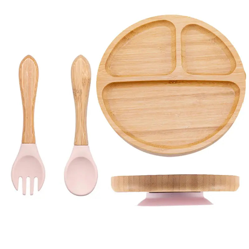 3Pcs Baby Bamboo Plate Silicone Suction Kids Wooden Feeding Tableware Non-slip Dinnerware Baby Tableware for Baby Birthday Gift Nova Trendz