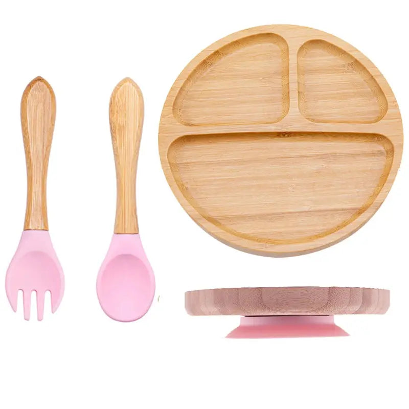 3Pcs Baby Bamboo Plate Silicone Suction Kids Wooden Feeding Tableware Non-slip Dinnerware Baby Tableware for Baby Birthday Gift Nova Trendz