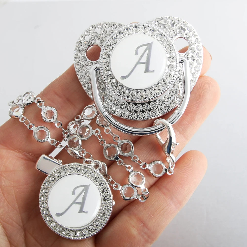 Initial Letter Siliver Baby Pacifier With Colorful Gem BPA Free Luxury Silver Dummy Soother Chupeta Weaning Pacifier