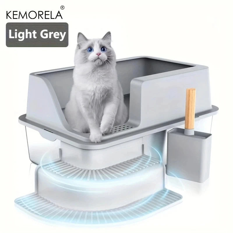 Extra Large 20L Stainless Steel Cat Litter Box With Stair Foot Pad Splash-Proof Easy To Clean Odorless Toilet Cat Litter Box