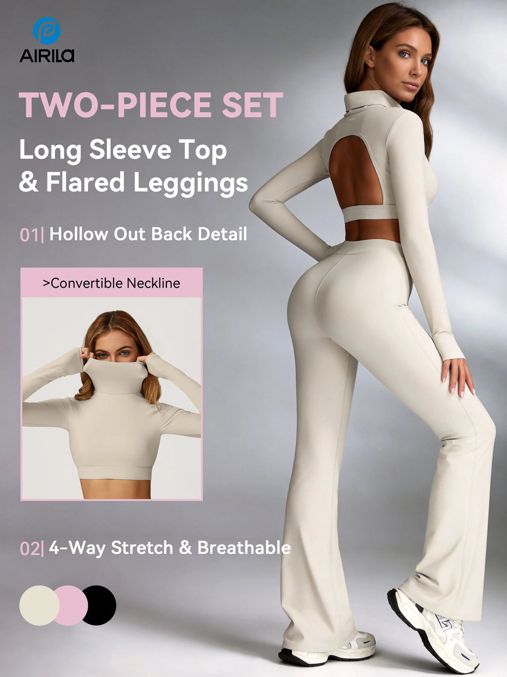 Women's Turtleneck Long Sleeve Yoga Set Back Cutout Flare Pants with Removable Pads Tummy Control Butt Lifting Gym Outfit Nova Trendz