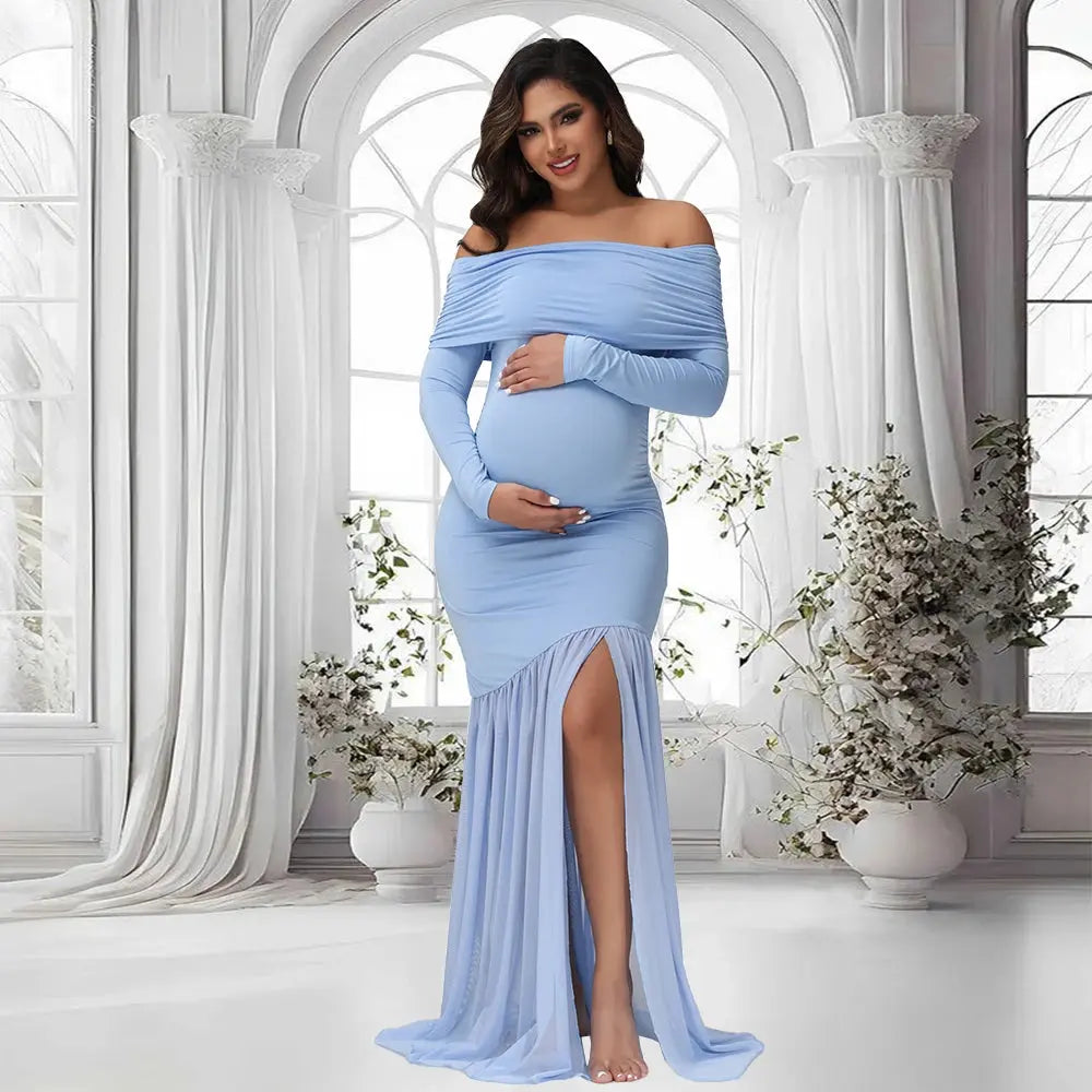 Maternity Dresses Photoshoot Off-Shoulder Slits Fishtail Hem Baby Shower Clothes For Pregnant Woman Evening Party Elegant Gown Nova Trendz