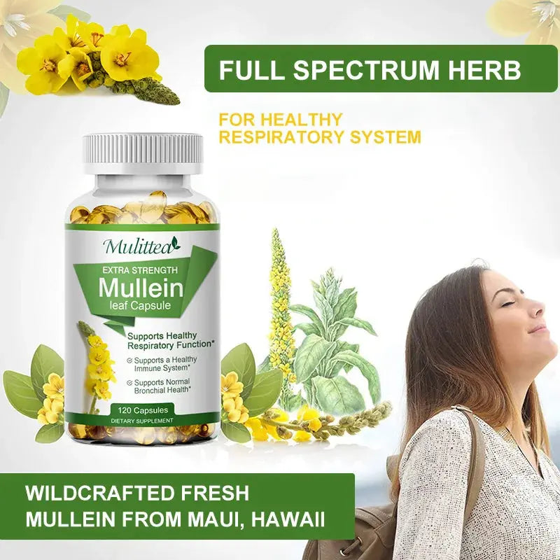 Mulittea Natural Mullein Leaf Capsules Herbal Supplement for Lung Cleanse Helps Healthy Respiratory Function & Mucous Membranes Nova Trendz