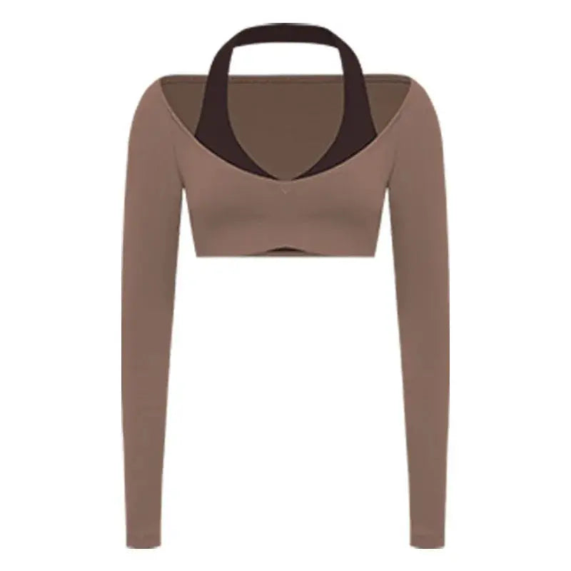Women's Fake Two-Piece Sports Long Sleeve Halter Neck Pilates Yoga Shirt Slim Fit Fitness Sports Top Leggings Workout Tights - Nova Trendz