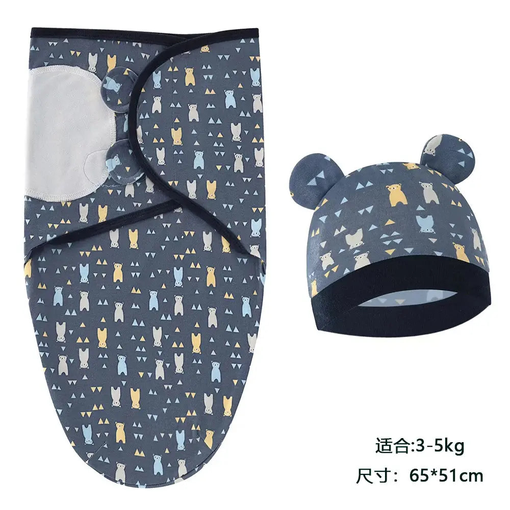 Baby Blanket Hat Set Cartoon Printed Cotton Newborn Swaddle Adjustable Infant Sleeping Swaddle Wraps All Seasons 0-6 Months - Nova Trendz