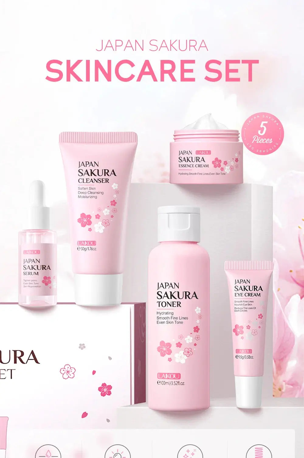 LAIKOU Sakura Skin Care Sets Facial Cleanser Eye Creams Face Cream Serum Lotion Toner Brightening Moisturizing Face Care Kit Nova Trendz
