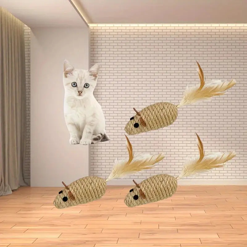 1/4pcs Sisal False Mouse Cat Toy Bite Resistance Stuffed Toy Interactive Cat Toy Simulation Mice Kitten Self-Playing Plush Toys - Nova Trendz