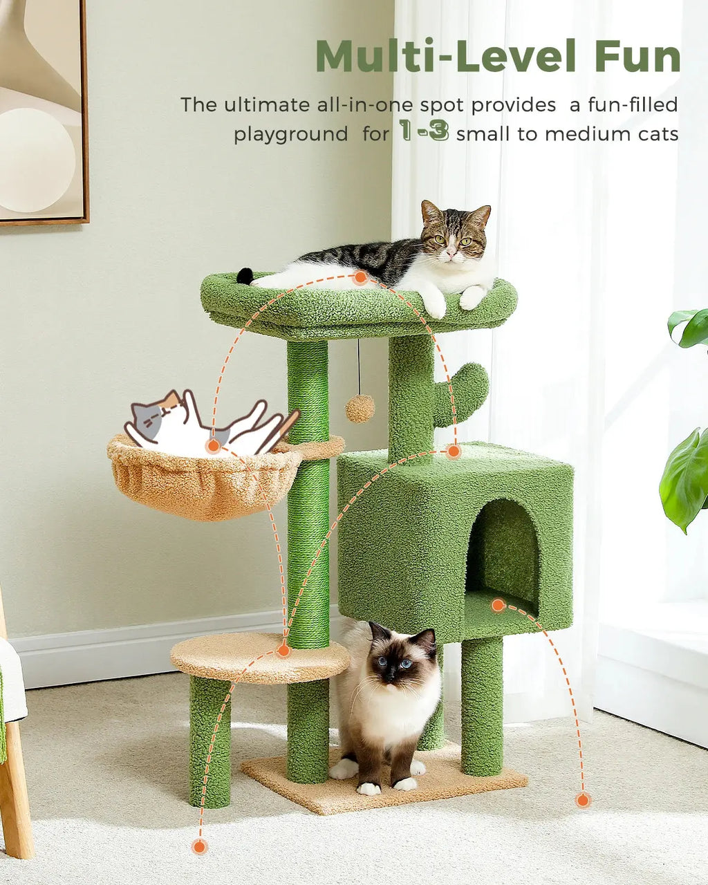 Cat Tree Cute Cat Tower with Padded Top Perch Comfy Hammock Private Condo Fully Scratching Post and Dangling Bell Ball Nova Trendz