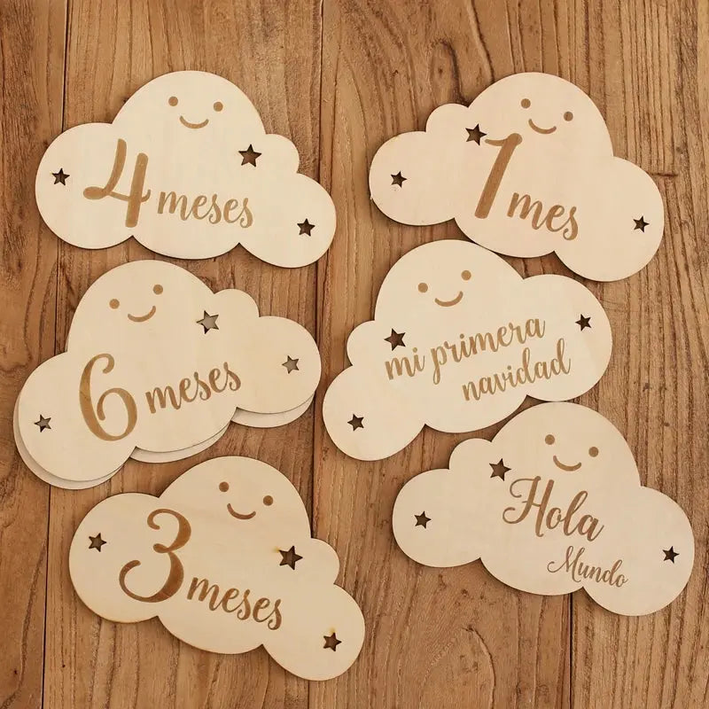 8pc/set Wooden Baby Milestone Card For Newborn Cute Cloud Shape Photography  Props Accessories Month Cards Sticker Newborn Gifts Nova Trendz