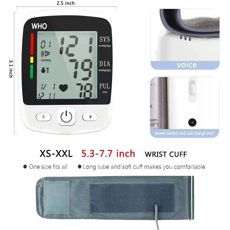 Digital Blood Pressure Monitor Wrist Tensiometer Electronic Sphygmomanometer  Tonometer with LCD, 2 X 90 Memory Rechargeable Nova Trendz