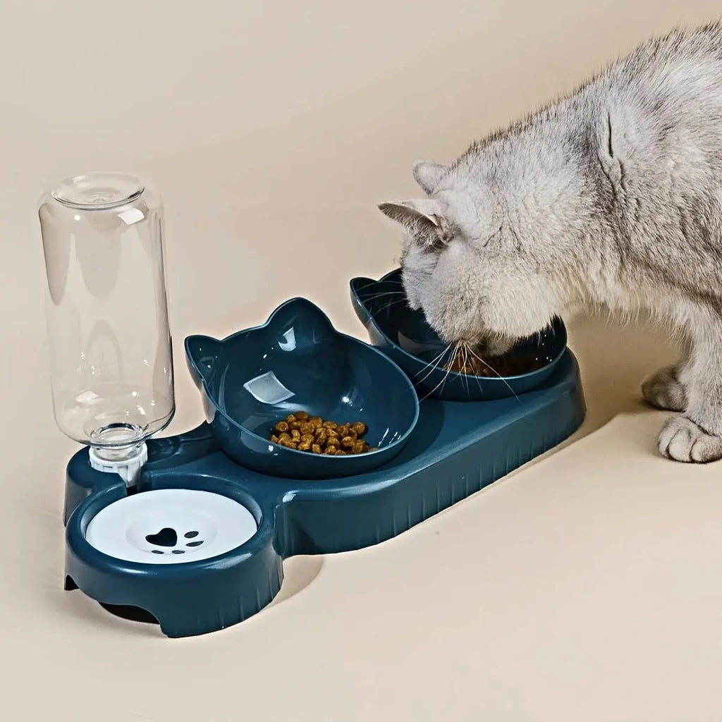 Pet Bowls With Water Feeder, 3 In 1 Ear Design Tilted Cat Water And Food Bowl Set With Gravity Water Bottle For Neck Protection - Nova Trendz