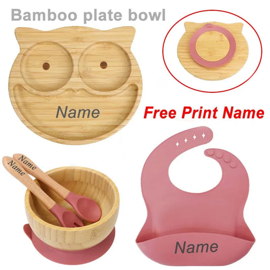 5Pcs Bamboo Bowl Plate For Kid Personalized Name Baby Feeding Set Bamboo Tableware Owl Plate Bowl With Spoon Silicone Baby Stuff