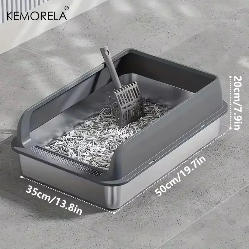 KEMORELA 1PC Stainless Steel Cat Bedpans Thickening Semi-enclosed High Side With Lid Litter Scoop Splashproof Open Litter Box Nova Trendz