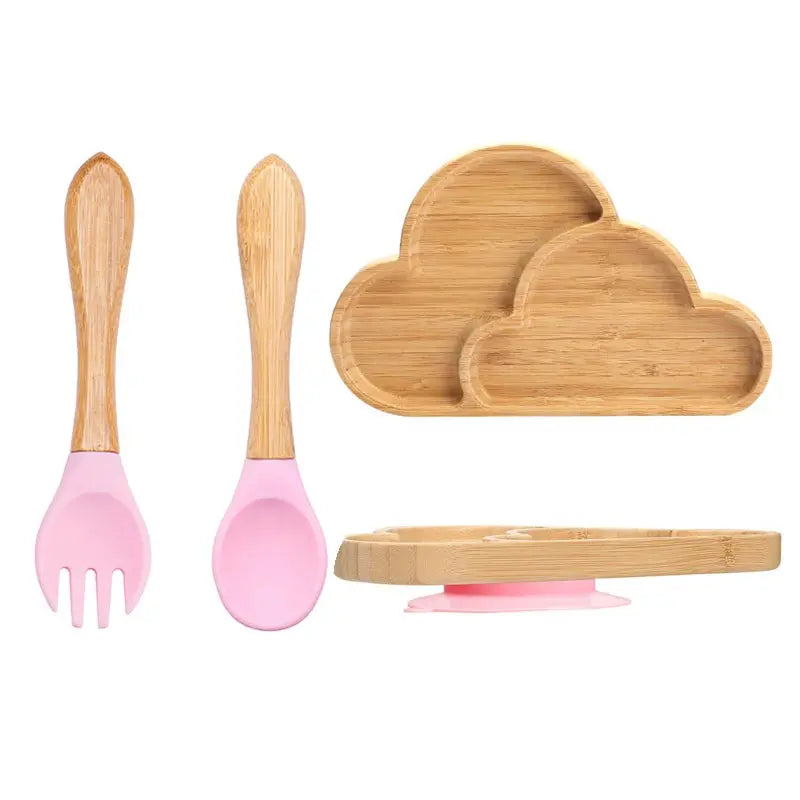 3Pcs Baby Bamboo Plate Silicone Suction Kids Wooden Feeding Tableware Non-slip Dinnerware Baby Tableware for Baby Birthday Gift Nova Trendz