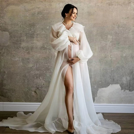 Maternity Photo Shoot Long Chiffon Dress Ruffle Neck Lantern Sleeve With Tie Cord Pregnancy Robe For Baby Shower
